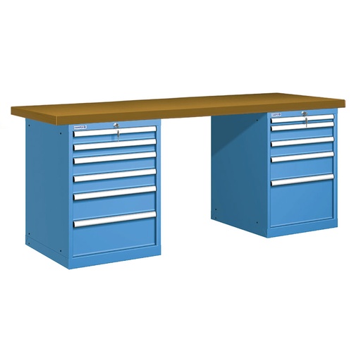 [025890] Banco de trabajo estándar - Dim.: 2000x750x840h mm - Encimera DM, 2 armarios con cajones - Azul ral 5012