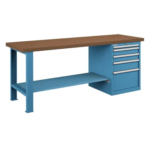 [025906] Banco de trabajo estándar - Dim.: 2000x750x840h mm - Encimera DM, 1 pata, 1 armario, 1 estante inferior metálico - Azul ral 5012
