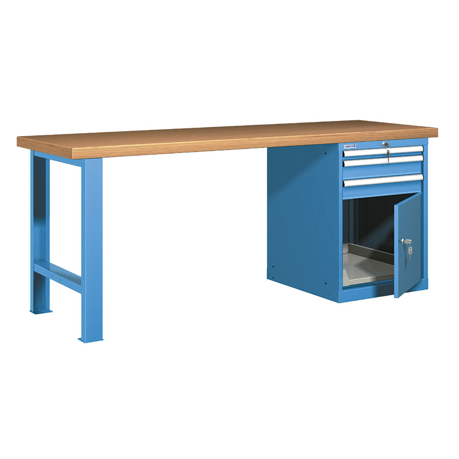 [025910] Banco de trabajo estándar - Dim.: 2000x750x840h mm - Encimera Multiplex, 1 pata, 1 armario - Azul ral 5012