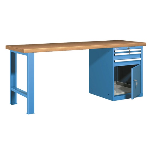 [025910] Banco de trabajo estándar - Dim.: 2000x750x840h mm - Encimera Multiplex, 1 pata, 1 armario - Azul ral 5012