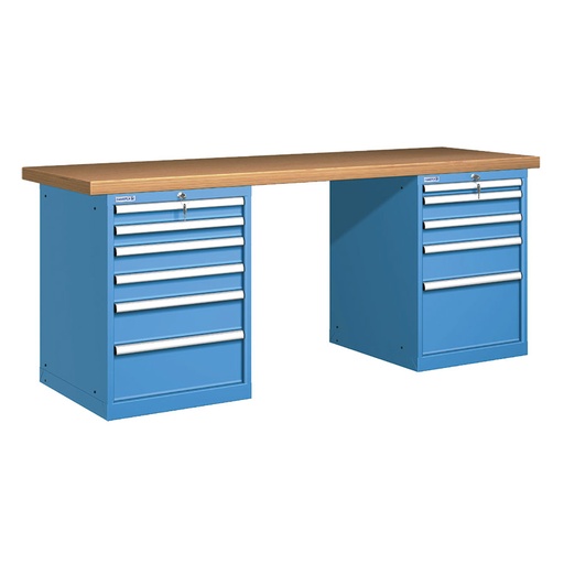 [025916] Banco de trabajo estándar - Dim.: 2000x750x840h mm - Encimera Multiplex, 2 armarios con cajones - Azul ral 5012