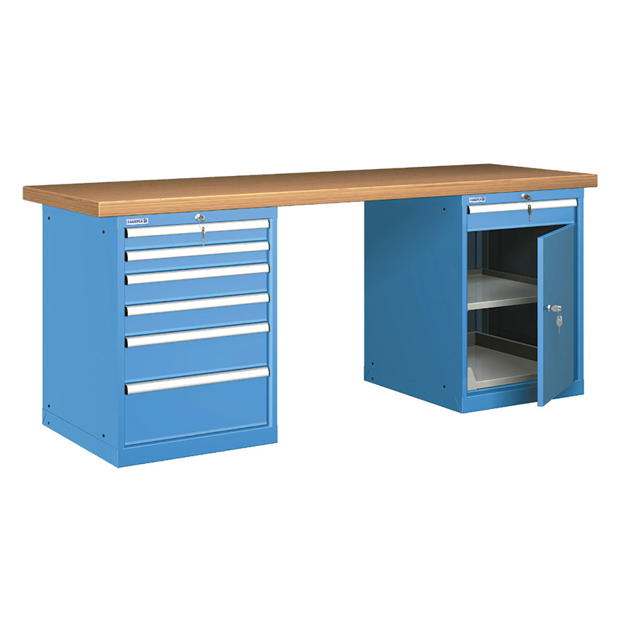 [025917] Banco de trabajo estándar - Dim.: 2000x750x840h mm - Encimera Multiplex, 2 armarios con cajones - Azul ral 5012