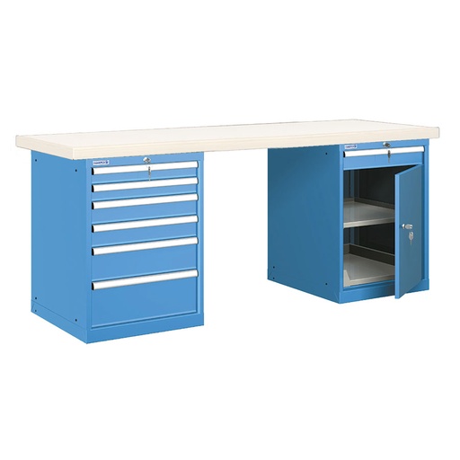 [025943] Banco de trabajo estándar - Dim.: 2000x750x840h mm - Encimera laminada, 2 armarios con cajones - Azul ral 5012