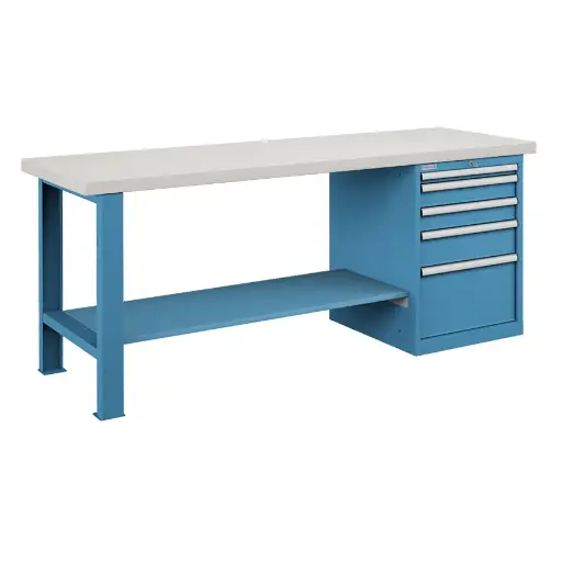 [025952] Banco de trabajo estándar - Dim.: 2000x750x840h mm - Encimera laminada, 1 pata, 1 armario, 1 estante inferior metálico - Azul ral 5012