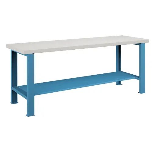 [025956] Banco de trabajo estándar - Dim.: 2000x750x840h mm - Encimera laminada, 2 patas, 1 estante inferior metálico - Azul ral 5012