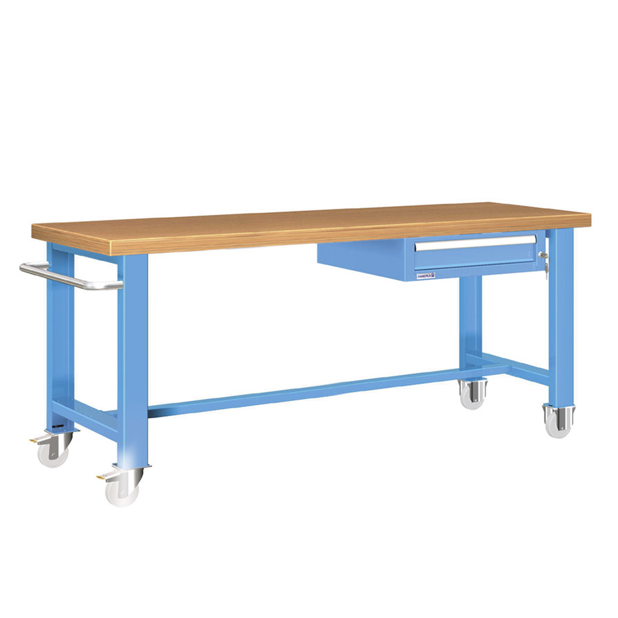 [025968] Banco de trabajo estándar móvil - Dim.: 2000x750x840h mm - Multiplex y 1 cajón de 150h mm - Azul ral 5012