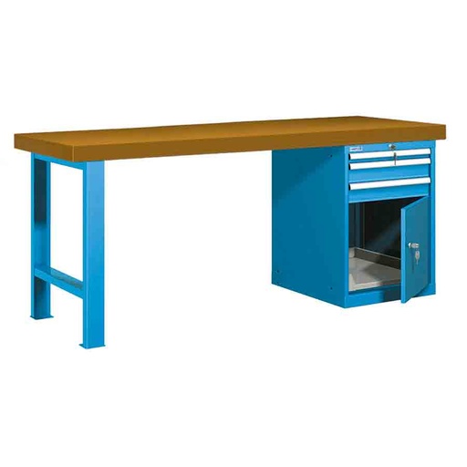 [025991] Banco de trabajo estándar - Dim.: 2000x750x850h mm - Encimera DM, 1 pata, 1 armario - Azul ral 5012
