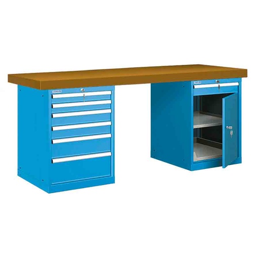 [025998] Banco de trabajo estándar - Dim.: 2000x750x850h mm - Encimera DM, 2 armarios con cajones - Azul ral 5012