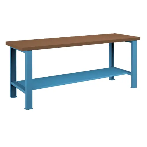 [026009] Banco de trabajo estándar - Dim.: 2000x750x850h mm - Encimera DM, 2 patas, 1 estante inferior metálico - Azul ral 5012