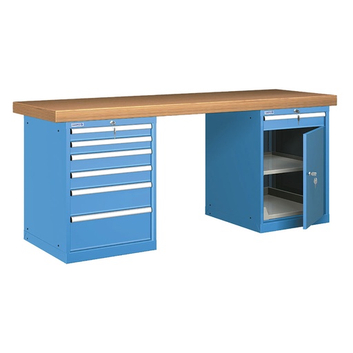 [026024] Banco de trabajo estándar - Dim.: 2000x750x850h mm - Encimera Multiplex, 2 armarios con cajones - Azul ral 5012