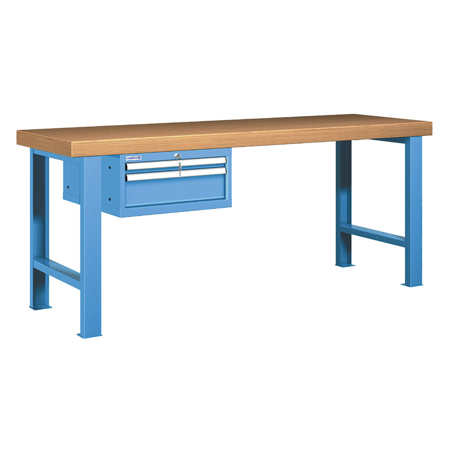 [026027] Banco de trabajo estándar - Dim.: 2000x750x850h mm - Encimera Multiplex, 2 patas, 1 armario 283h mm - Azul ral 5012