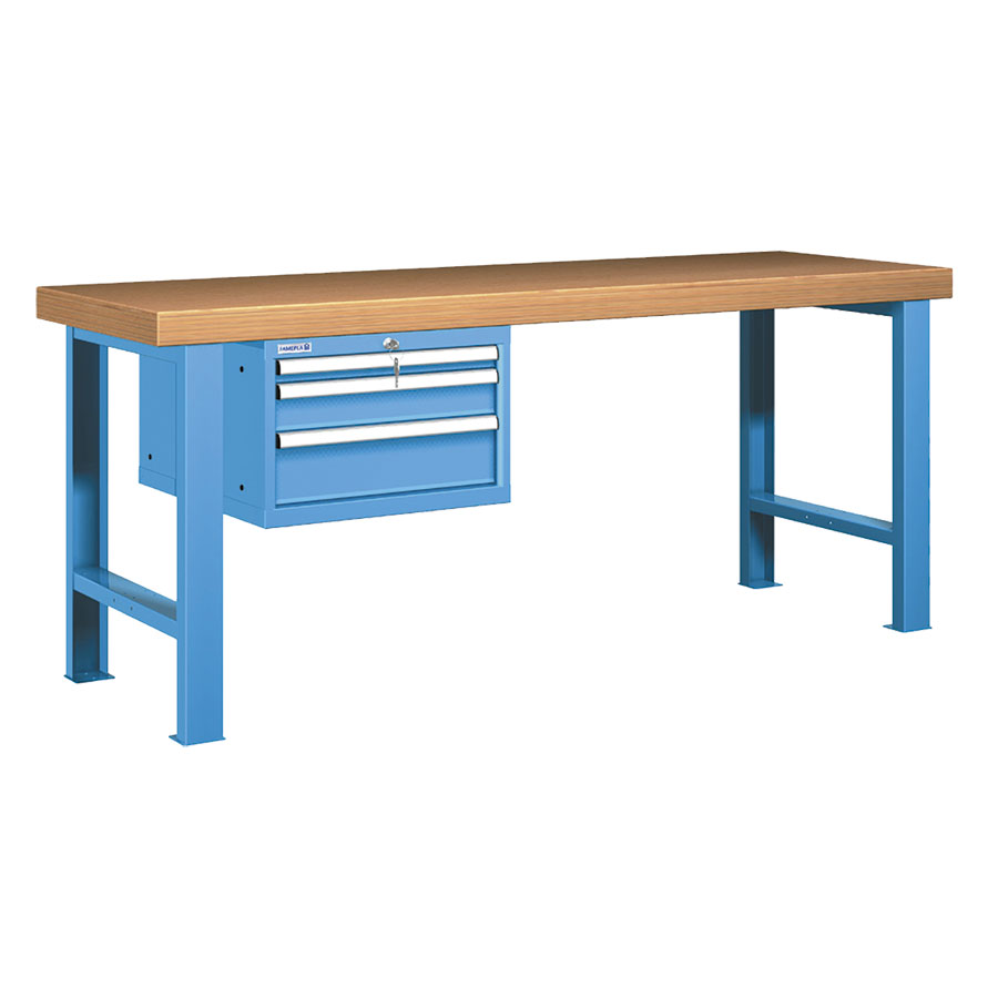 [026029] Banco de trabajo estándar - Dim.: 2000x750x850h mm - Encimera Multiplex, 2 patas, 1 armario 383h mm - Azul ral 5012