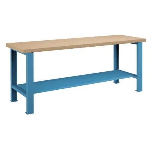 [026035] Banco de trabajo estándar - Dim.: 2000x750x850h mm - Encimera Multiplex, 2 patas, 1 estante inferior metálico - Azul ral 5012