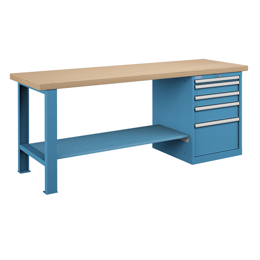 [026039] Banco de trabajo estándar - Dim.: 2000x750x850h mm - Encimera Multiplex, 1 pata, 1 armario, 1 estante inferior metálico - Azul ral 5012