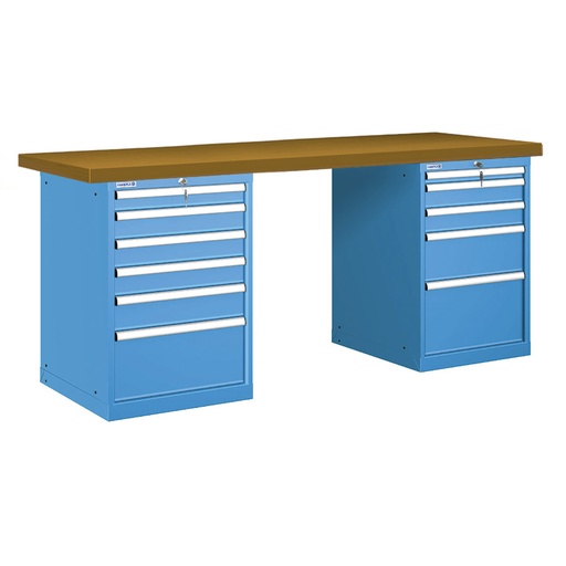 [026045] Banco de trabajo estándar - Dim.: 2000x750x890h mm - Encimera DM, 2 armarios con cajones - Azul ral 5012