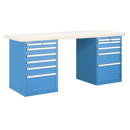 [026059] Banco de trabajo estándar - Dim.: 2000x750x890h mm - Encimera laminada, 2 armarios con cajones - Azul ral 5012