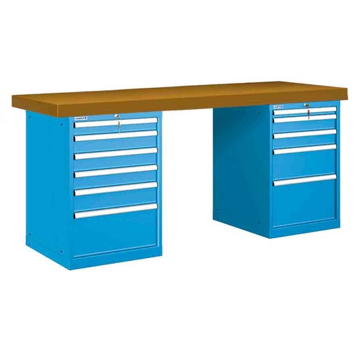 [026065] Banco de trabajo estándar - Dim.: 2000x750x900h mm - Encimera DM, 2 armarios con cajones - Azul ral 5012