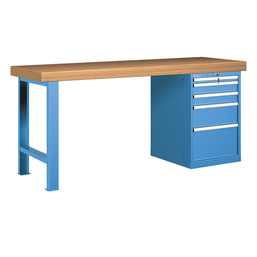 [026067] Banco de trabajo estándar - Dim.: 2000x750x900h mm - Encimera Multiplex, 1 pata, 1 armario - Azul ral 5012