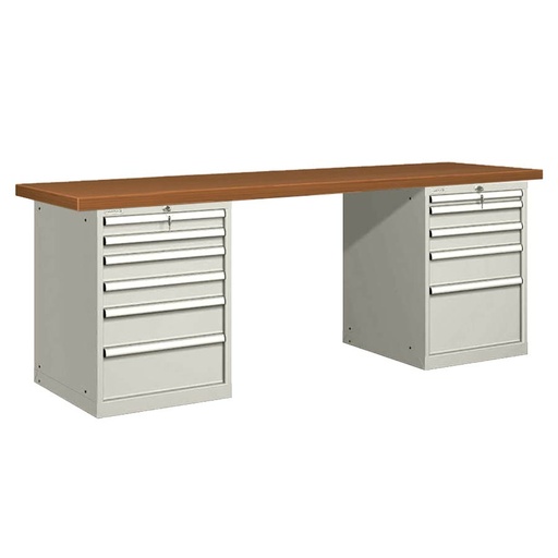 [026079] Banco de trabajo estándar - Dim.: 2500x750x840h mm - Encimera DM, 2 armarios con cajones - Gris ral 7035