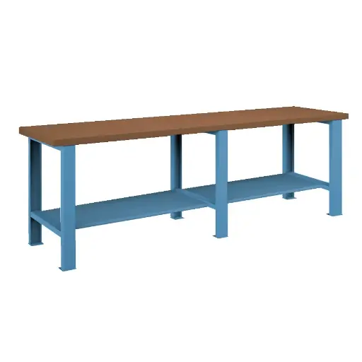 [026081] Banco de trabajo estándar - Dim.: 2500x750x840h mm - Encimera DM, 3 patas, 1 estante inferior metálico - Azul ral 5012