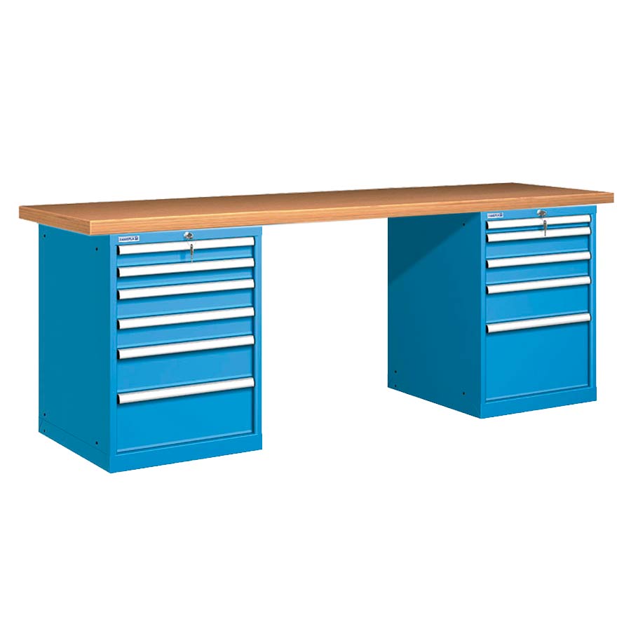 [026085] Banco de trabajo estándar - Dim.: 2500x750x840h mm - Encimera Multiplex, 2 armarios con cajones - Azul ral 5012