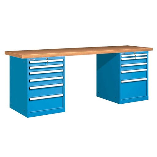 [026085] Banco de trabajo estándar - Dim.: 2500x750x840h mm - Encimera Multiplex, 2 armarios con cajones - Azul ral 5012