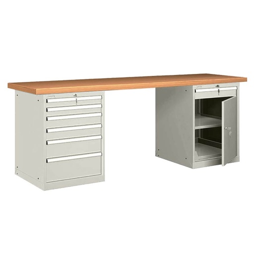 [026087] Banco de trabajo estándar - Dim.: 2500x750x840h mm - Encimera Multiplex, 2 armarios con cajones - Gris ral 7035