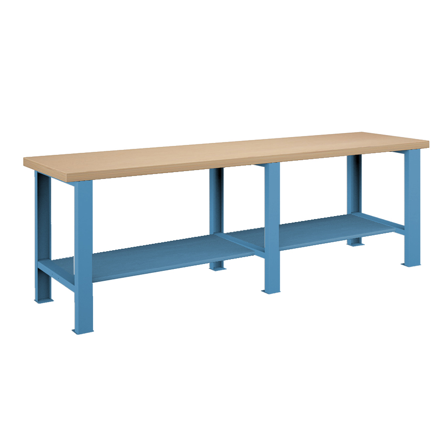 [026088] Banco de trabajo estándar - Dim.: 2500x750x840h mm - Encimera Multiplex, 3 patas, 1 estante inferior metálico - Azul ral 5012
