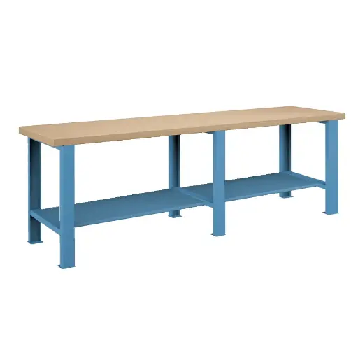 [026088] Banco de trabajo estándar - Dim.: 2500x750x840h mm - Encimera Multiplex, 3 patas, 1 estante inferior metálico - Azul ral 5012