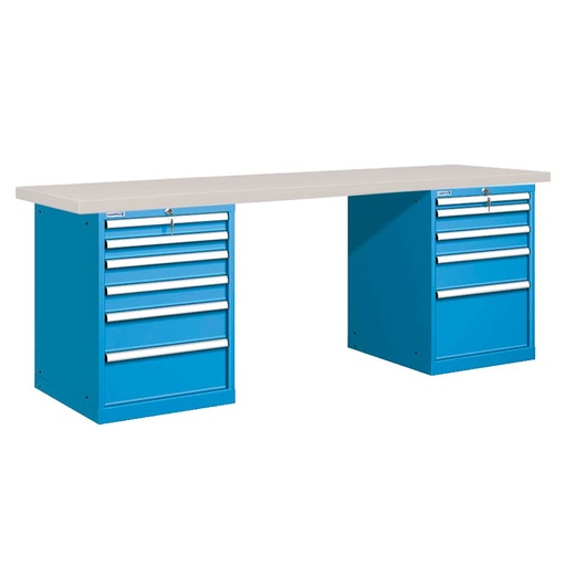 [026093] Banco de trabajo estándar - Dim.: 2500x750x840h mm - Encimera laminada, 2 armarios con cajones - Azul ral 5012