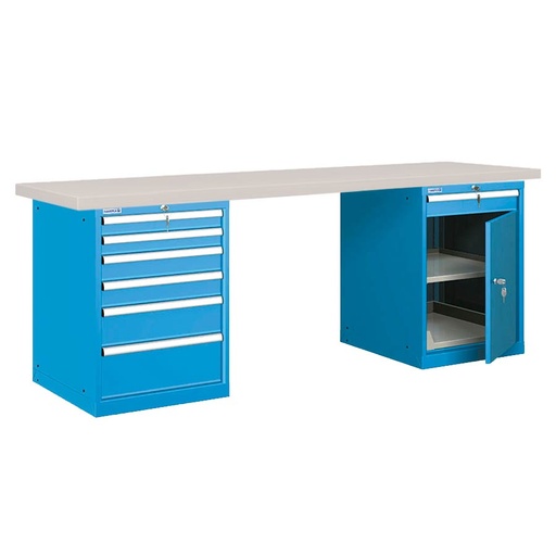 [026094] Banco de trabajo estándar - Dim.: 2500x750x840h mm - Encimera laminada, 2 armarios con cajones - Azul ral 5012