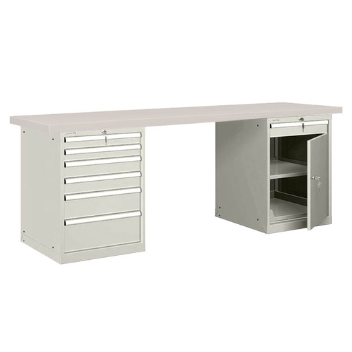 [026096] Banco de trabajo estándar - Dim.: 2500x750x840h mm - Encimera laminada, 2 armarios con cajones - Gris ral 7035