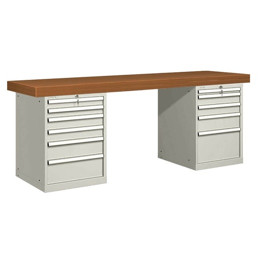 [026103] Banco de trabajo estándar - Dim.: 2500x750x850h mm - Encimera DM, 2 armarios con cajones - Gris ral 7035