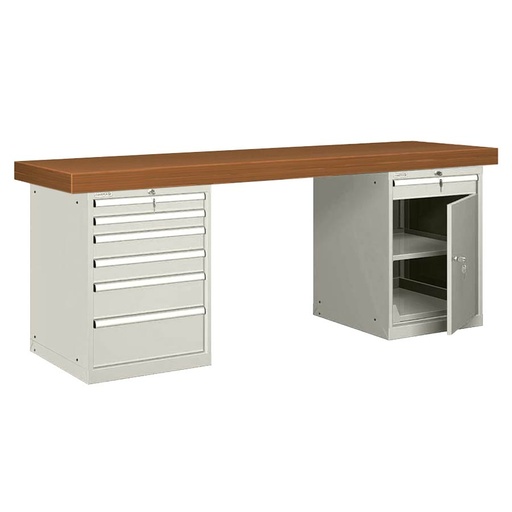 [026104] Banco de trabajo estándar - Dim.: 2500x750x850h mm - Encimera DM, 2 armarios con cajones - Gris ral 7035