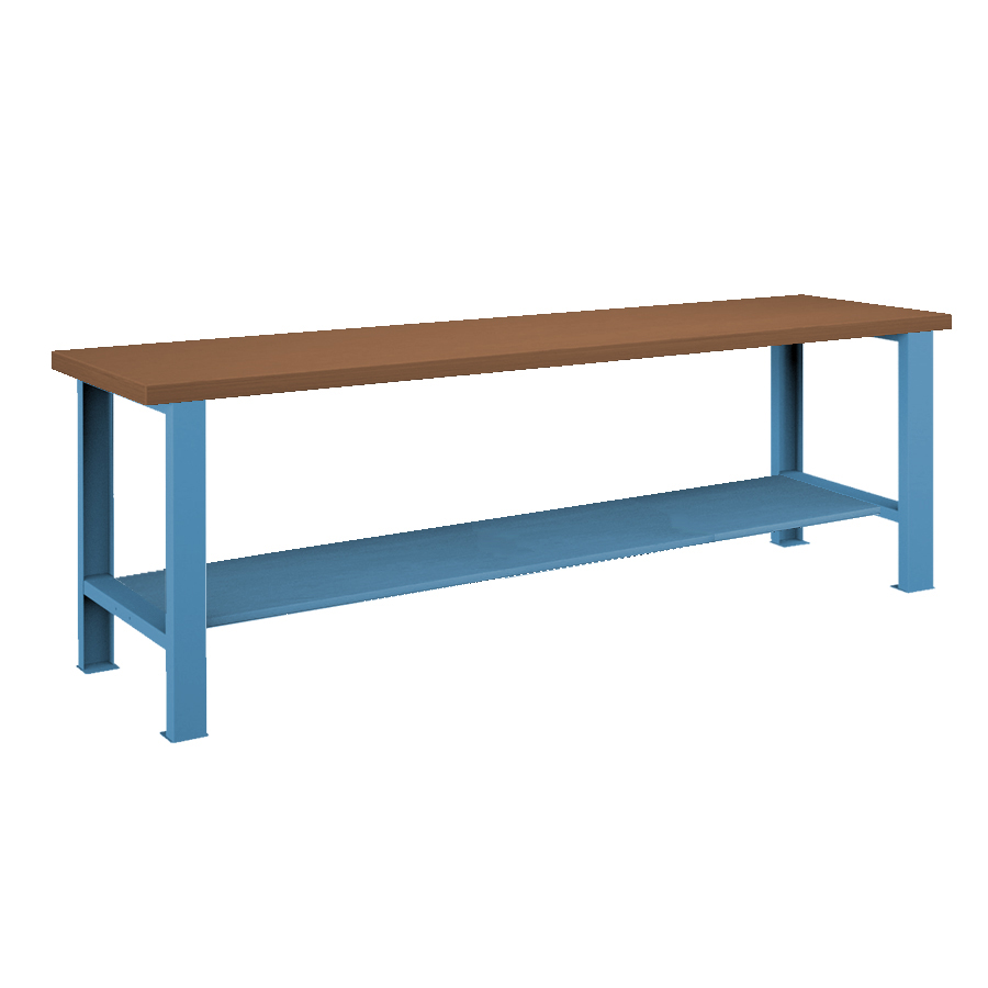 [026105] Banco de trabajo estándar - Dim.: 2500x750x850h mm - Encimera DM, 2 patas, 1 estante inferior metálico - Azul ral 5012