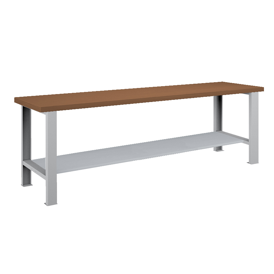 [026106] Banco de trabajo estándar - Dim.: 2500x750x850h mm - Encimera DM, 2 patas, 1 estante inferior metálico - Gris ral 7035