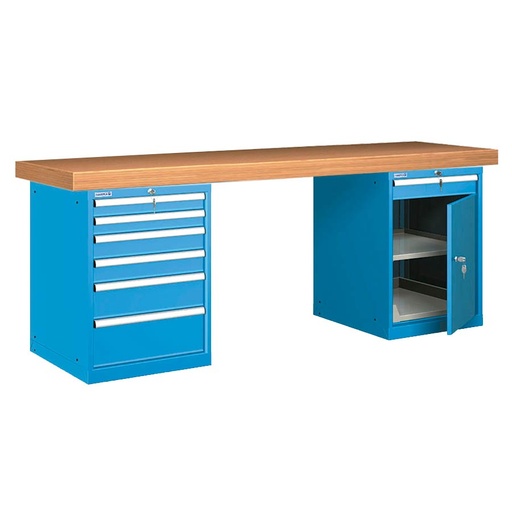 [026110] Banco de trabajo estándar - Dim.: 2500x750x850h mm - Encimera Multiplex, 2 armarios con cajones - Azul ral 5012