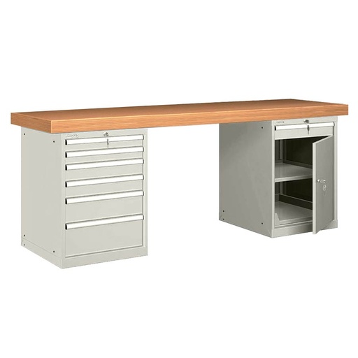 [026111] Banco de trabajo estándar - Dim.: 2500x750x850h mm - Encimera Multiplex, 2 armarios con cajones - Gris ral 7035