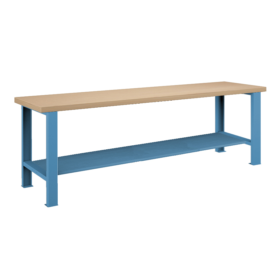 [026112] Banco de trabajo estándar - Dim.: 2500x750x850h mm - Encimera Multiplex, 2 patas, 1 estante inferior metálico - Azul ral 5012