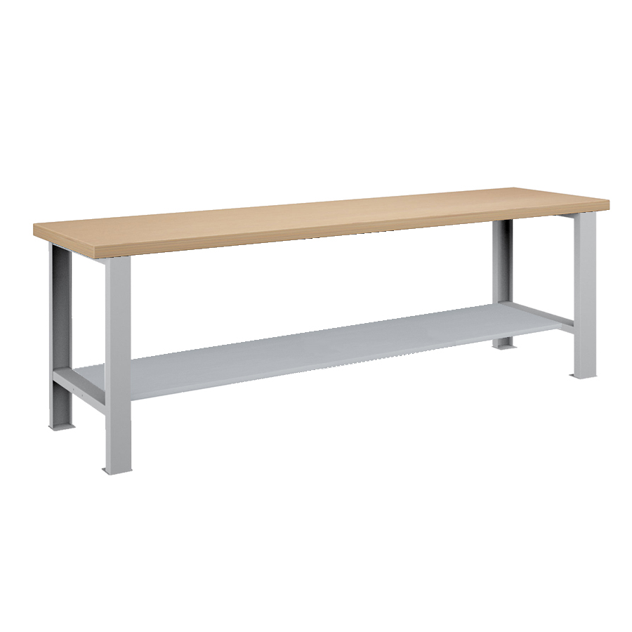 [026113] Banco de trabajo estándar - Dim.: 2500x750x850h mm - Encimera Multiplex, 2 patas, 1 estante inferior metálico - Gris ral 7035