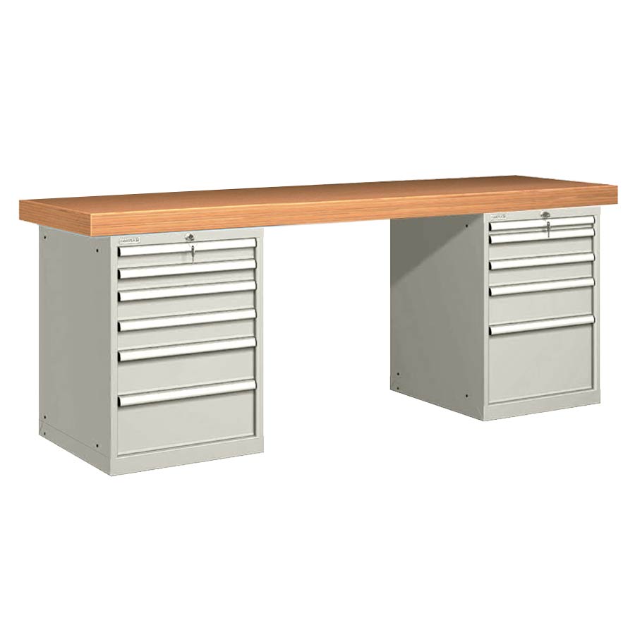 [026114] Banco de trabajo estándar - Dim.: 2500x750x850h mm - Encimera Multiplex, 2 armarios con cajones - Gris ral 7035