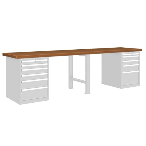 [026132] Banco de trabajo estándar - Dim.: 3000x750x840h mm - Encimera DM, 1 pata, 2 armarios con cajones - Gris ral 7035