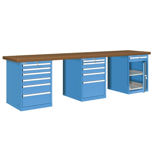 [026133] Banco de trabajo estándar - Dim.: 3000x750x840h mm - Encimera DM, 3 armarios con cajones - Azul ral 5012