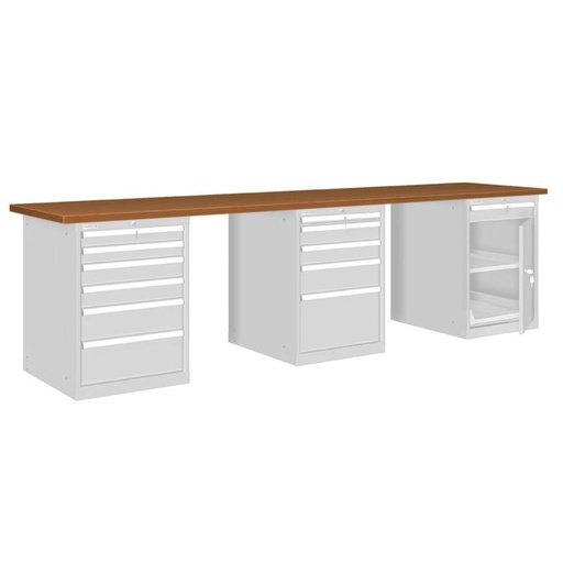 [026134] Banco de trabajo estándar - Dim.: 3000x750x840h mm - Encimera DM, 3 armarios con cajones - Gris ral 7035