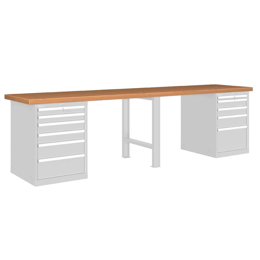 [026136] Banco de trabajo estándar - Dim.: 3000x750x840h mm - Encimera Multiplex, 1 pata, 2 armarios con cajones - Gris ral 7035