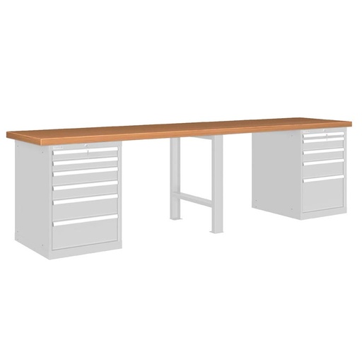 [026136] Banco de trabajo estándar - Dim.: 3000x750x840h mm - Encimera Multiplex, 1 pata, 2 armarios con cajones - Gris ral 7035
