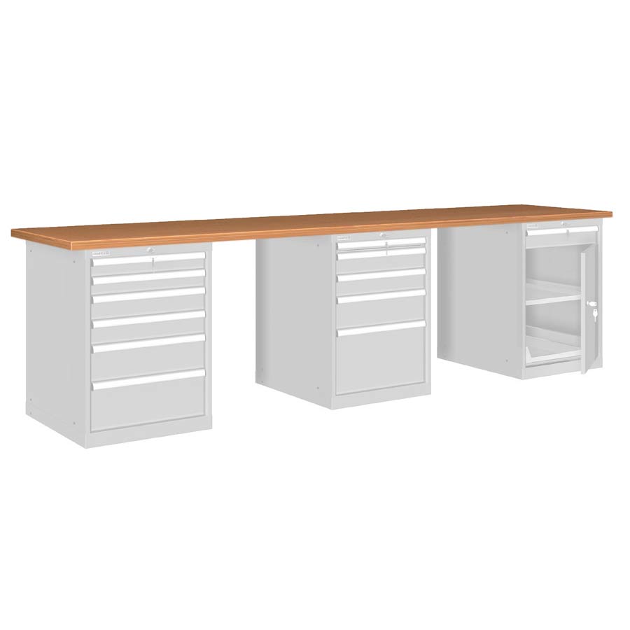 [026138] Banco de trabajo estándar - Dim.: 3000x750x840h mm - Encimera Multiplex, 3 armarios con cajones - Gris ral 7035