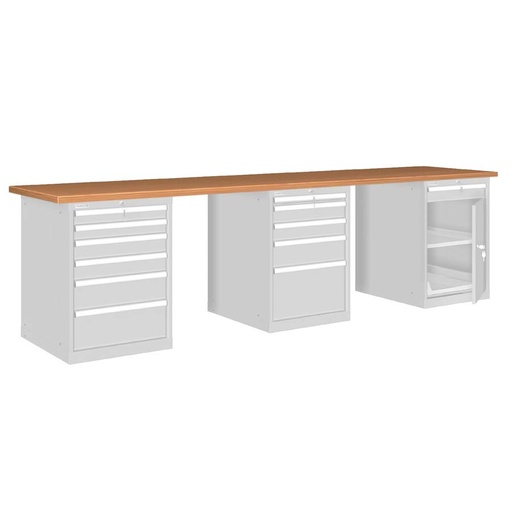 [026138] Banco de trabajo estándar - Dim.: 3000x750x840h mm - Encimera Multiplex, 3 armarios con cajones - Gris ral 7035