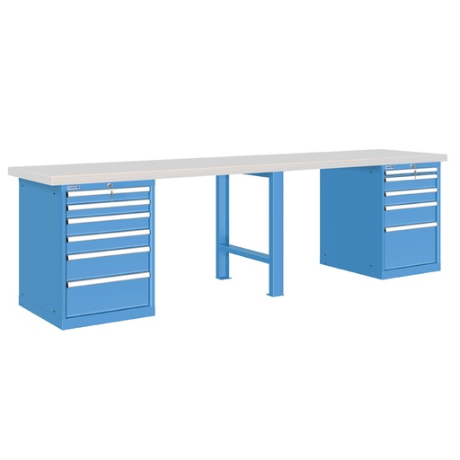 [026139] Banco de trabajo estándar - Dim.: 3000x750x840h mm - Encimera laminada, 1 pata, 2 armarios con cajones - Azul ral 5012