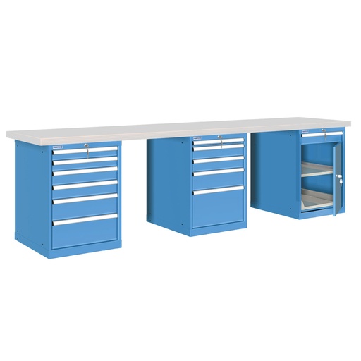 [026141] Banco de trabajo estándar - Dim.: 3000x750x840h mm - Encimera laminada, 3 armarios con cajones - Azul ral 5012